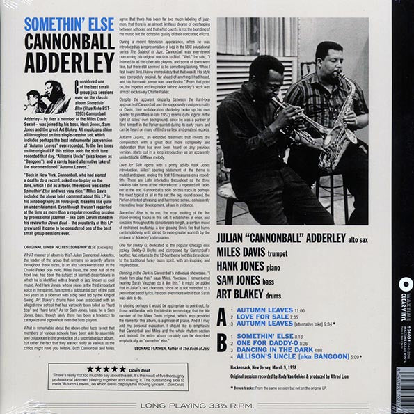 Cannonball Adderley, Miles Davis, Hank Jones, Sam Jones, Art Blakey - Somethin' Else (+2 bonus tracks) (ltd. ed.) (180g) (clear vinyl)